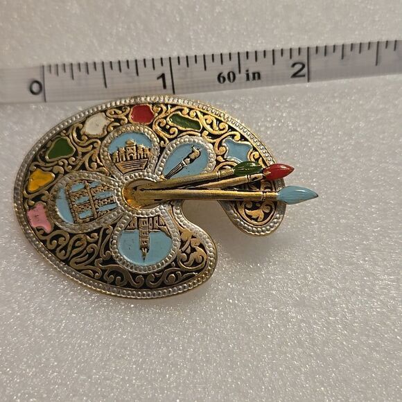 Damascene Pin Brooch Artist Palette Paint Brushes Vintage Enamel Spain - Picture 10 of 11